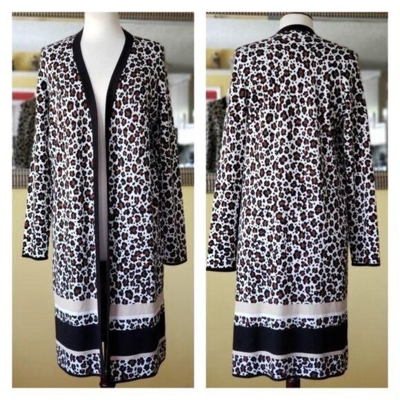 Ann Taylor Animal Print Colorblock Open Front Long Cardigan Tailored Fit Medium - Picture 3 of 6